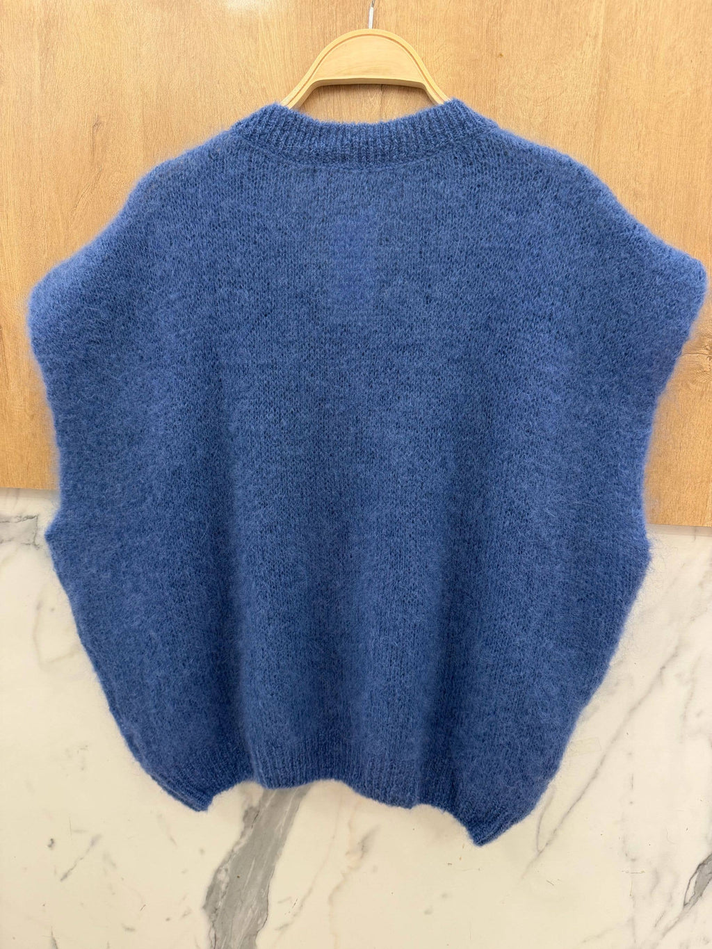 Pull Sans Manches Col V en Kid Mohair -Bleu Jean