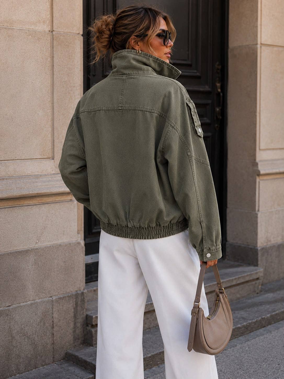 Veste Courte Denim Oversize à Col Montant