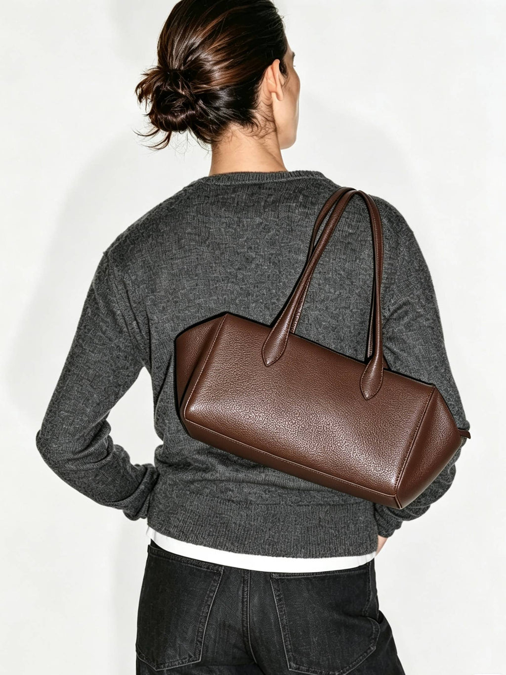 Sac baguette en cuir véritable fabriqué en Italie: Brun foncé