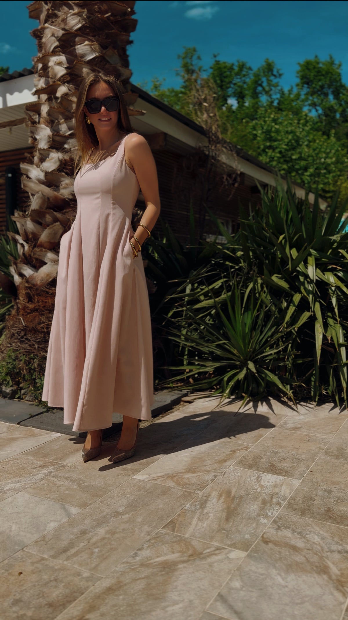 Robe Rose Pâle Trapèze à Bretelles