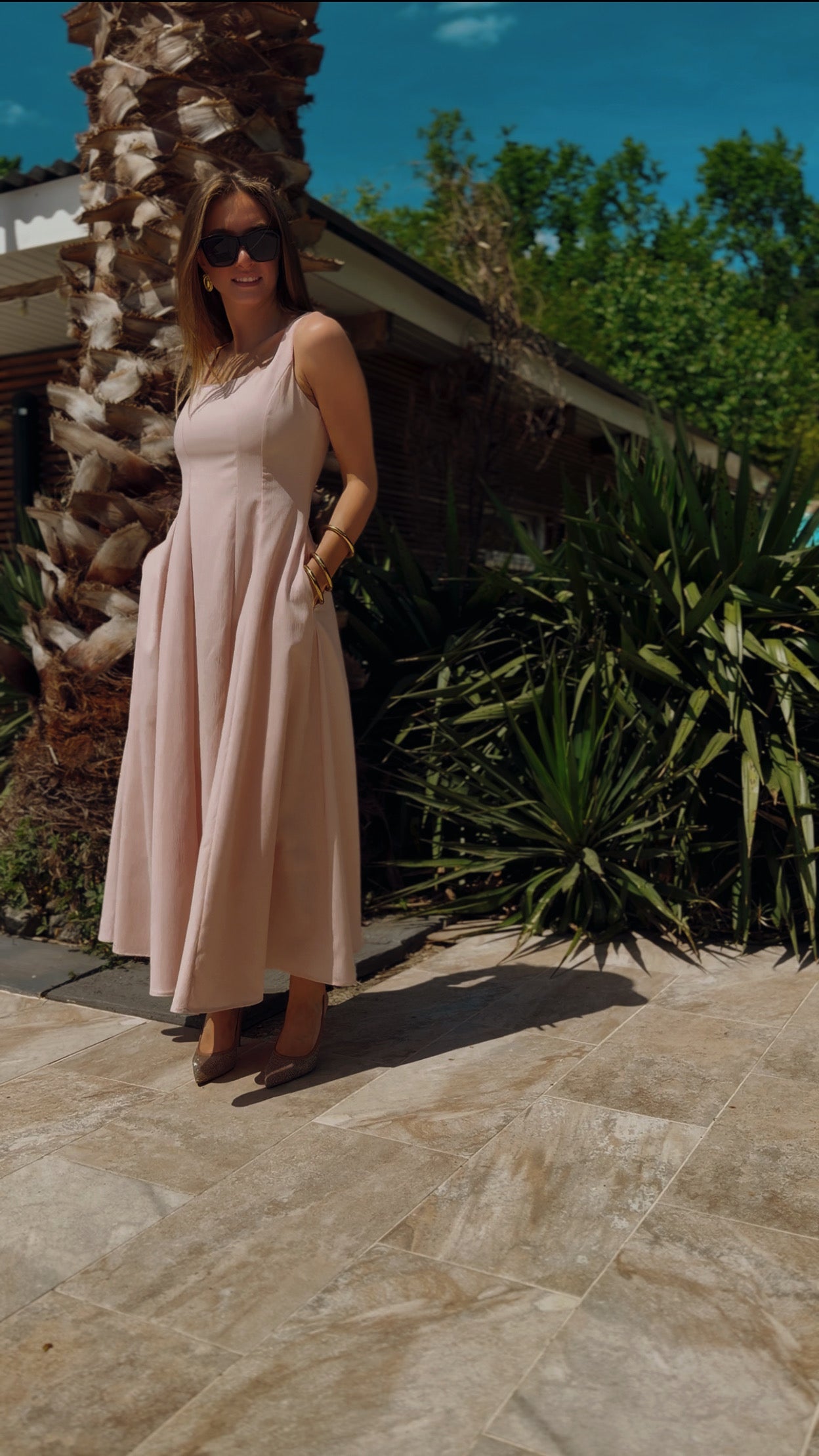Robe Rose Pâle Trapèze à Bretelles