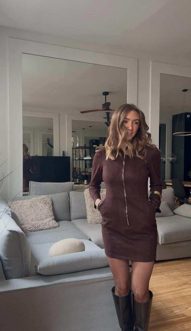 Robe zippée effet suédine - Marron chocolat