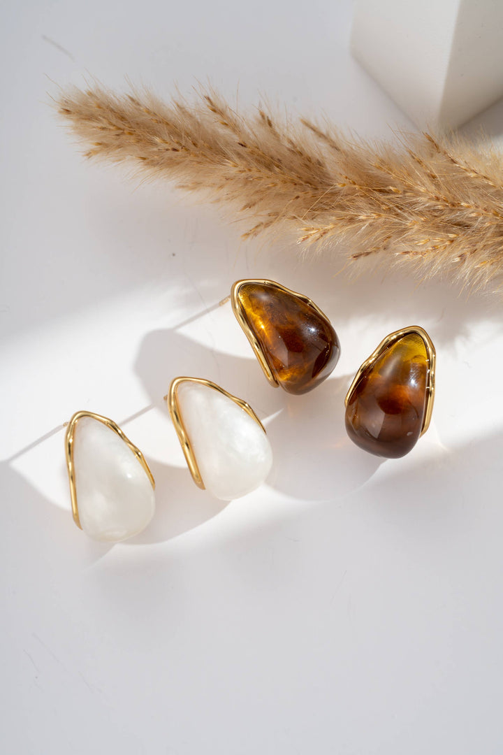 Boucles d’oreilles goutte résine et acier doré élégantes: Brun