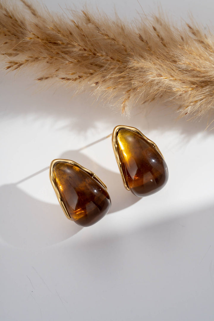 Boucles d’oreilles goutte résine et acier doré élégantes: Brun