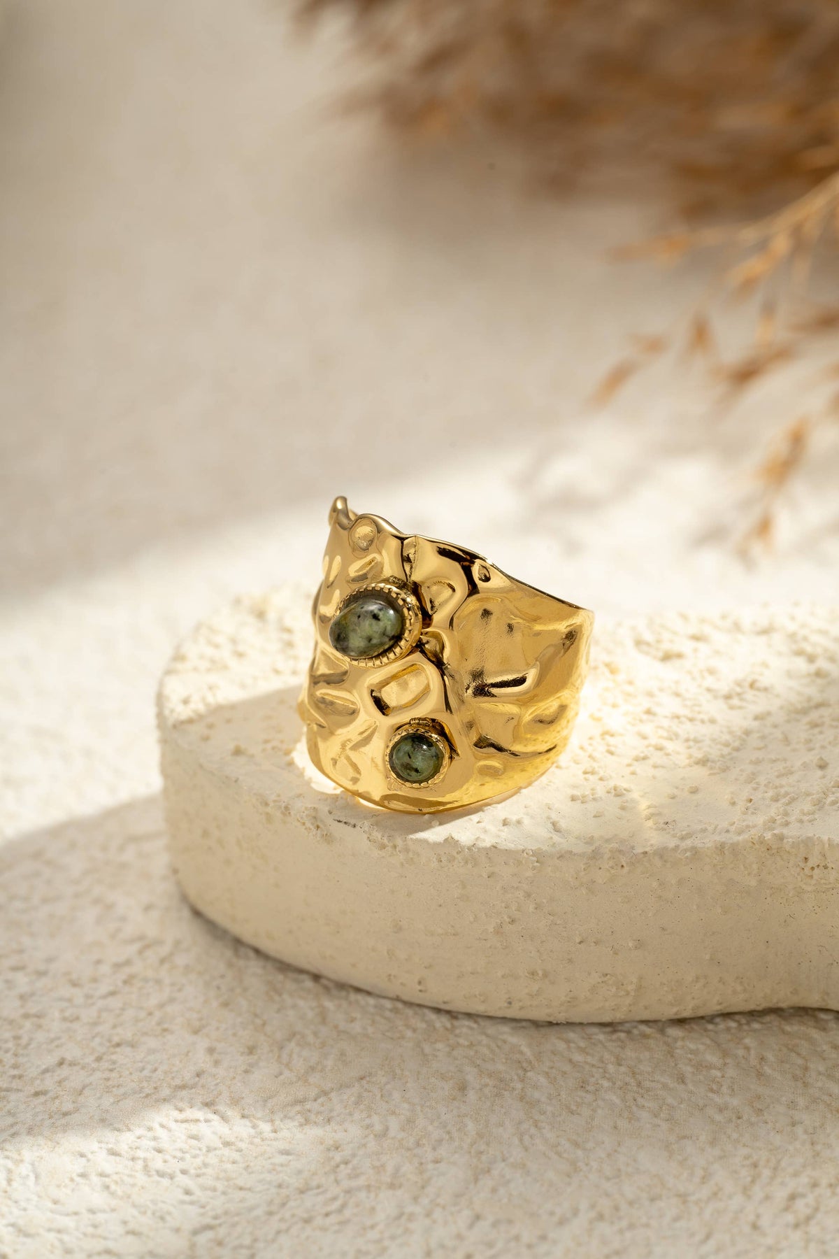 Bague martelé Dorée Pierre naturelle Ovale Acier Inoxydable: Vert