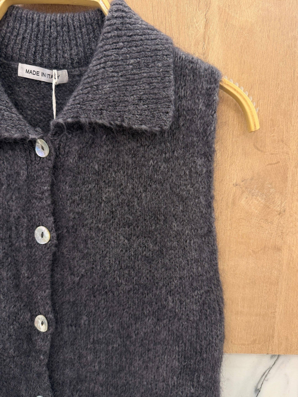 Gilet Sans Manches à Col Chemise en Kid Mohair & Laine - Gris Foncé