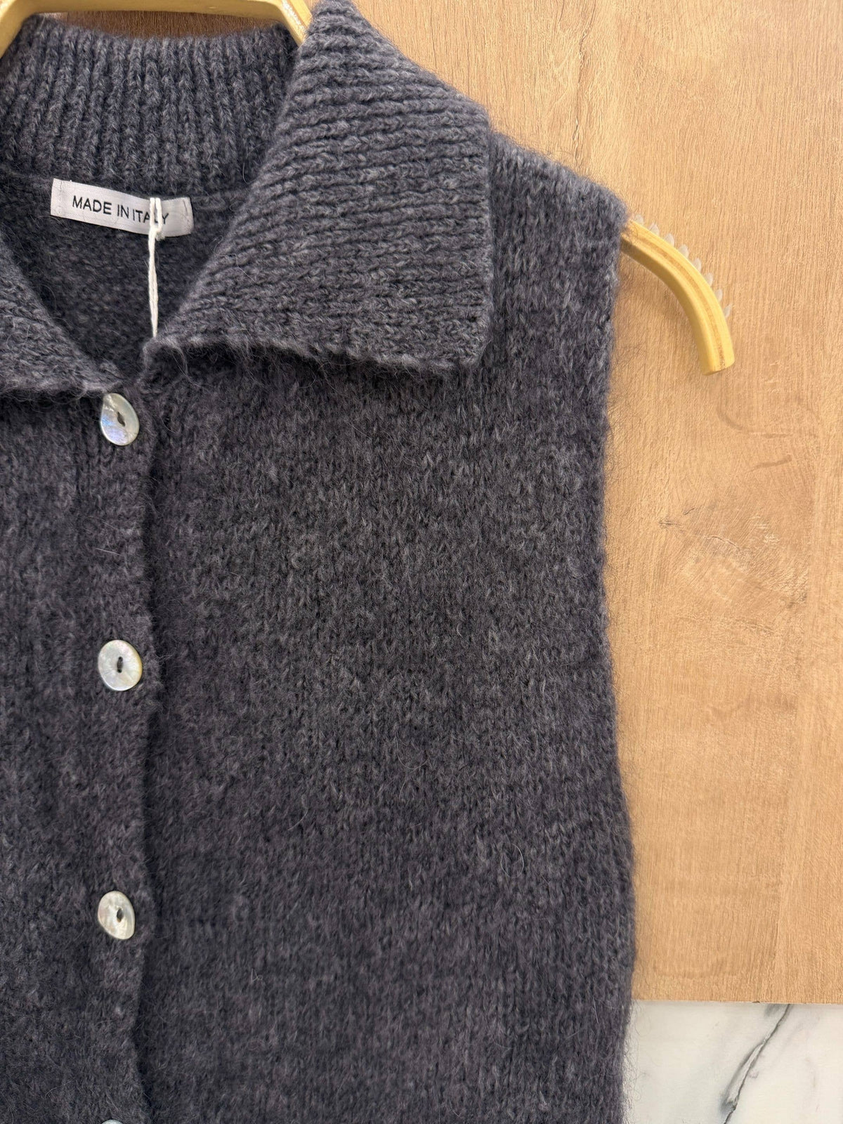Gilet Sans Manches à Col Chemise en Kid Mohair & Laine - Gris Foncé