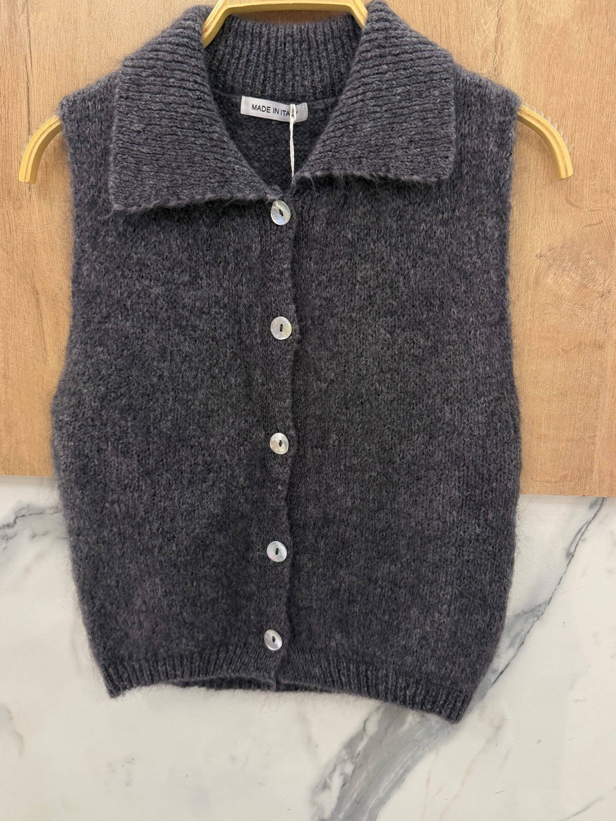 Gilet Sans Manches à Col Chemise en Kid Mohair & Laine - Gris Foncé