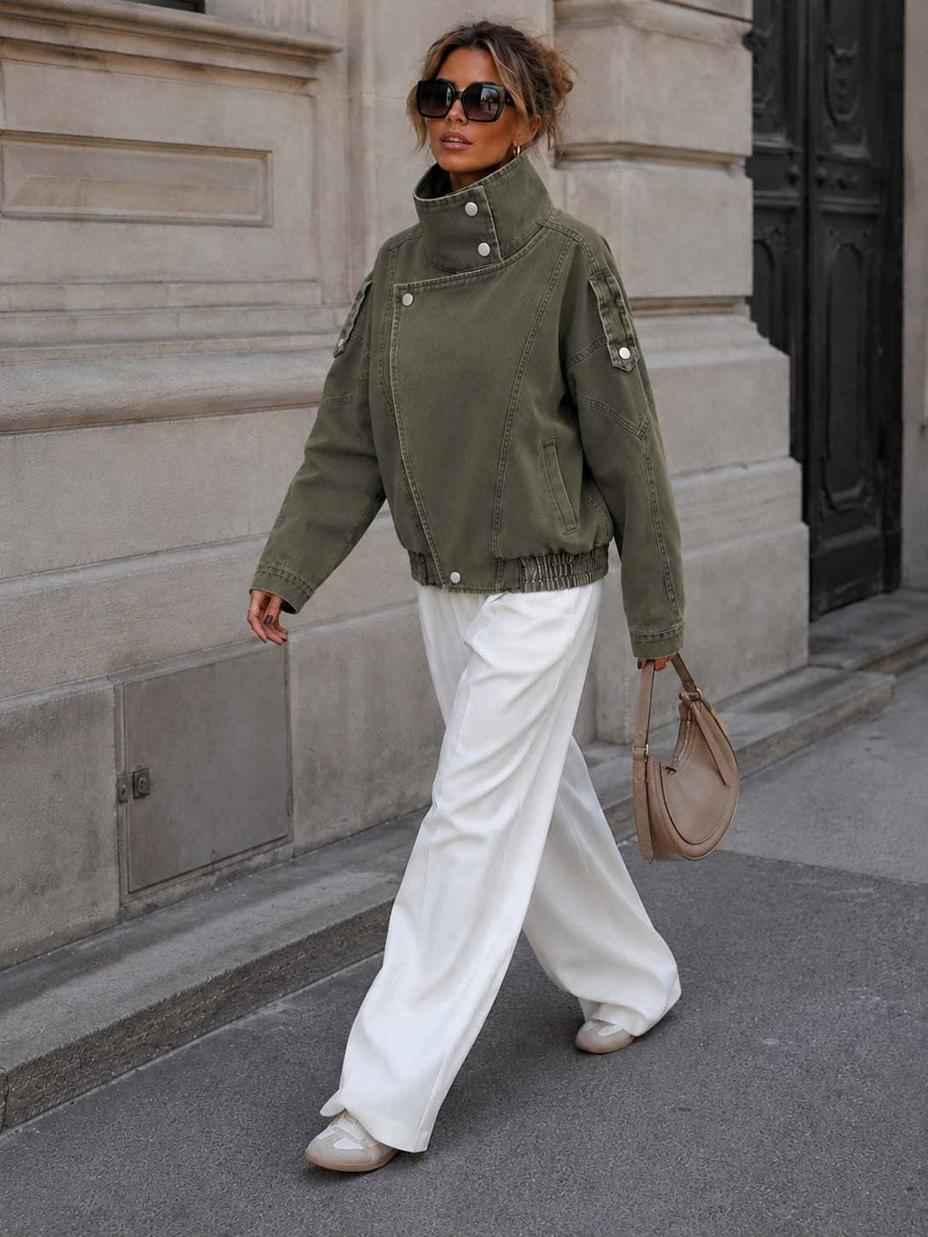 Veste Courte Denim Oversize à Col Montant