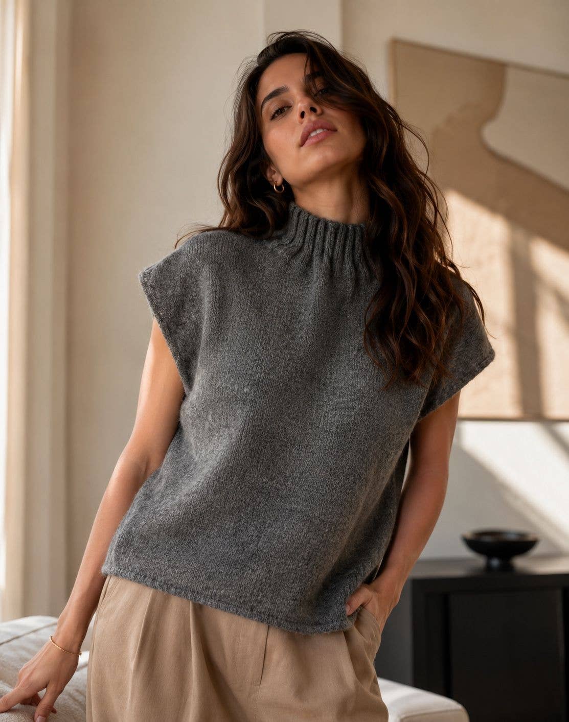 Pull Sans Manches Col Montant en Maille - Gris Foncé / Taille unique