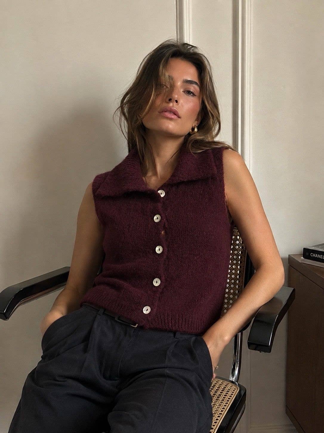 Gilet Sans Manches à Col Chemise en Kid Mohair & Laine - Prune