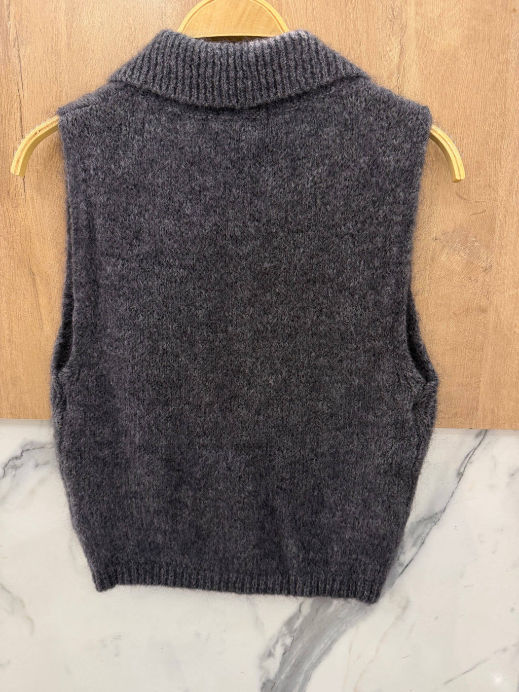 Gilet Sans Manches à Col Chemise en Kid Mohair & Laine - Gris Foncé