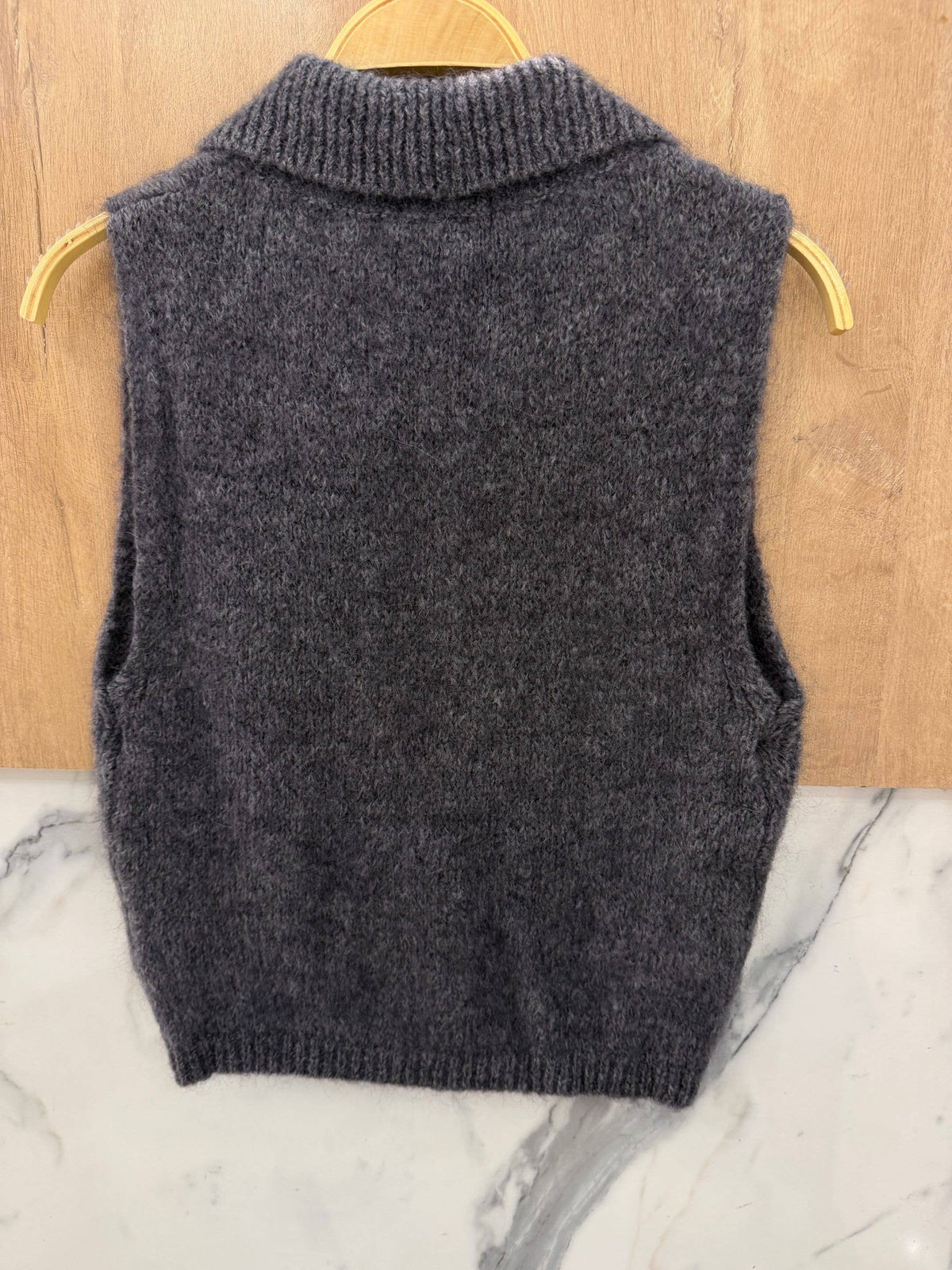 Gilet Sans Manches à Col Chemise en Kid Mohair & Laine - Gris Foncé