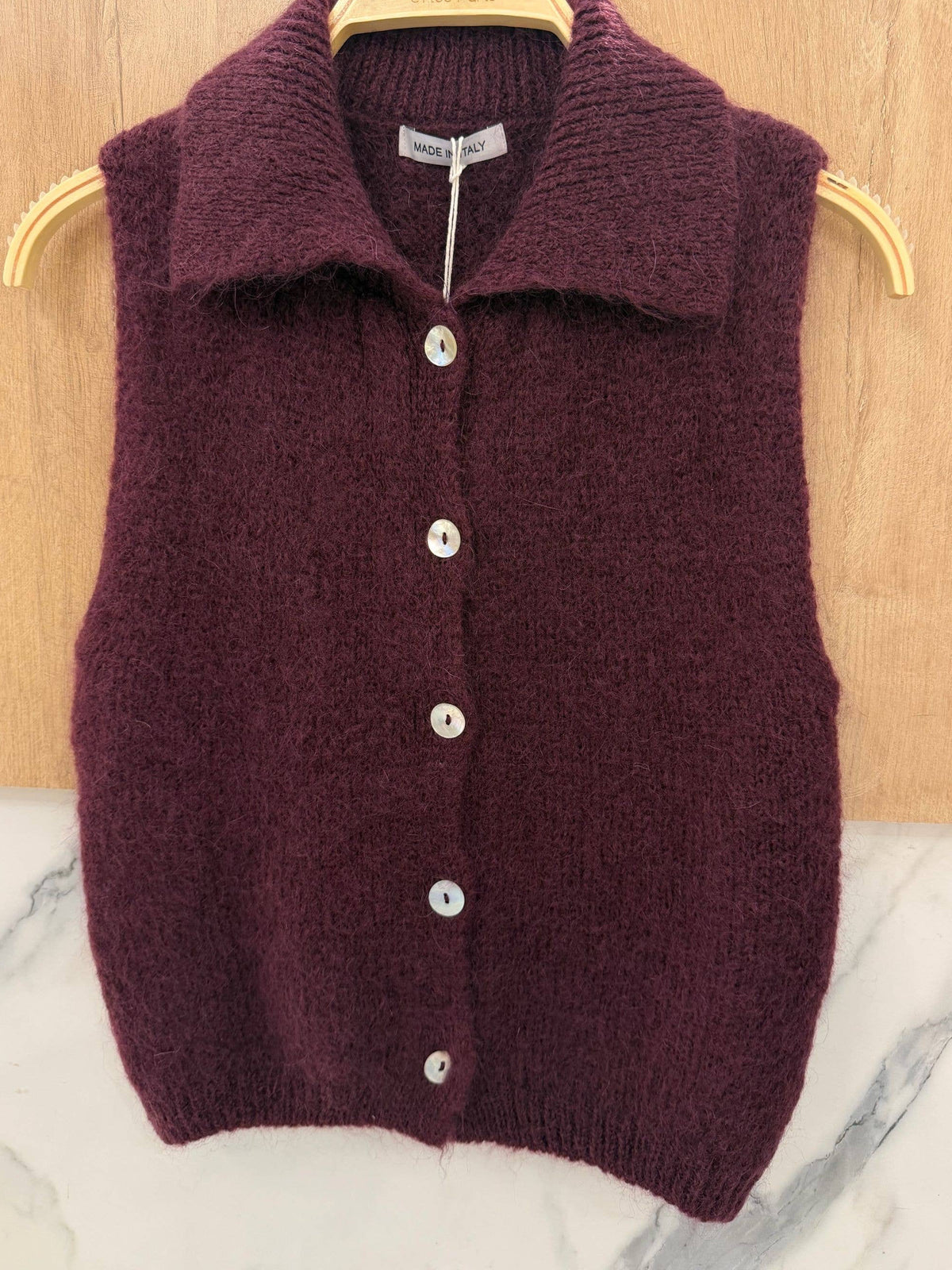 Gilet Sans Manches à Col Chemise en Kid Mohair & Laine - Prune