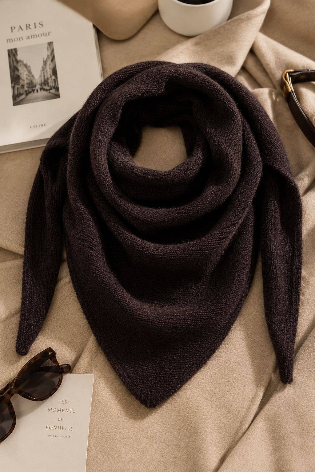 Foulard Triangle Maille - 10% Cachemire & 30% Laine: Choco