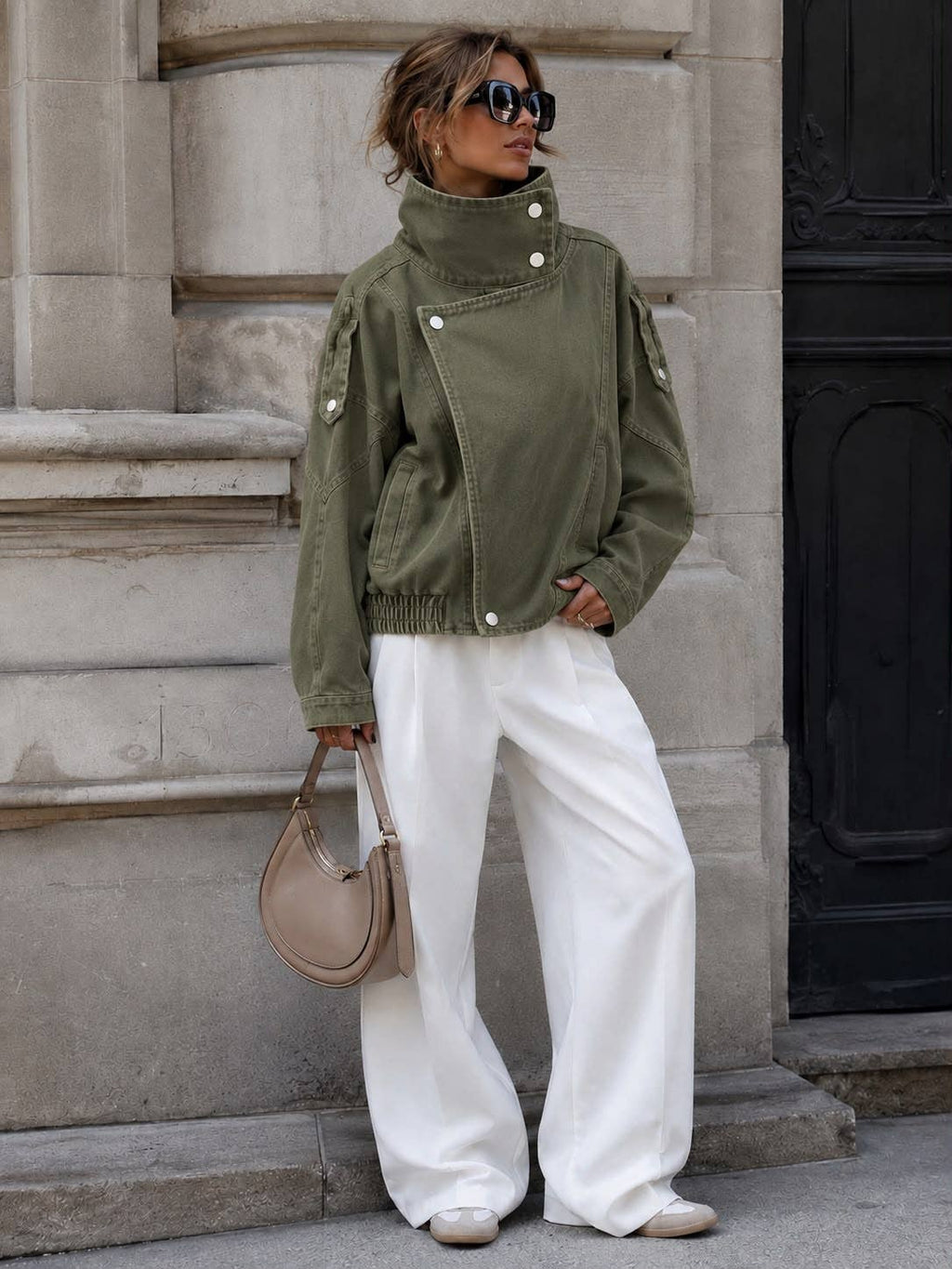 Veste Courte Denim Oversize à Col Montant