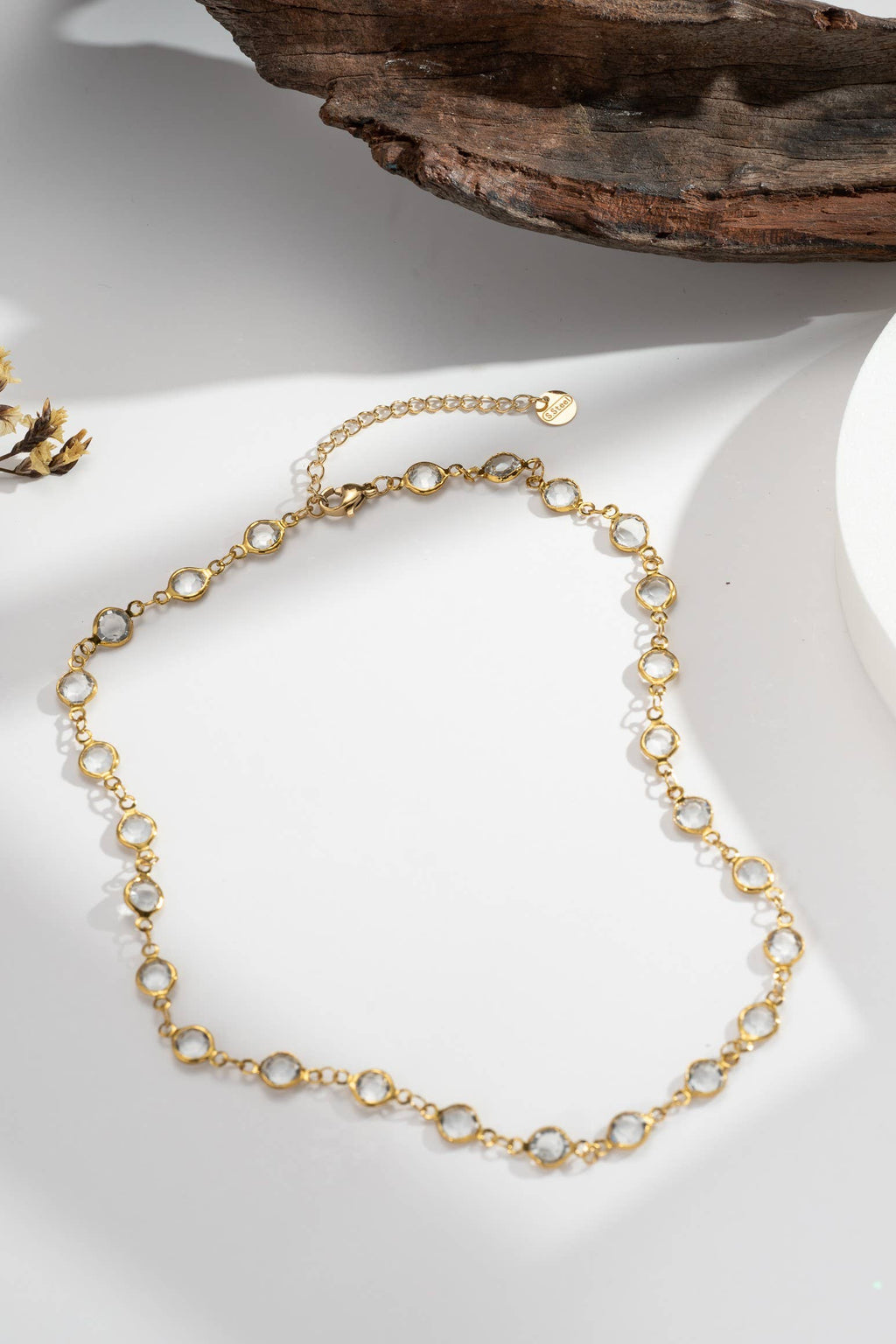 Collier doré acier inoxydable pampilles cristal rondes chic