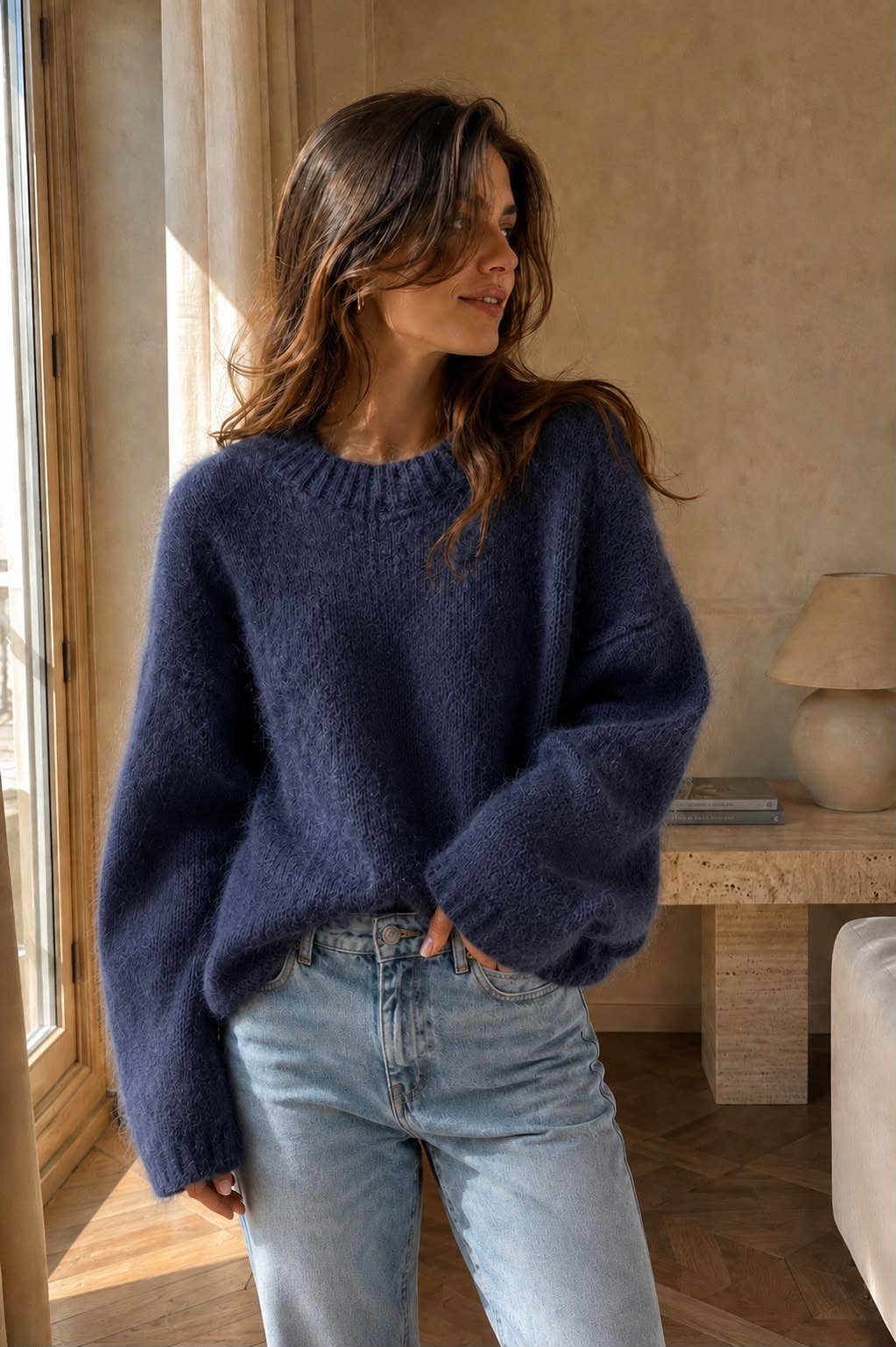 Pullover Col Rond en Kid Mohair & Laine - Marine