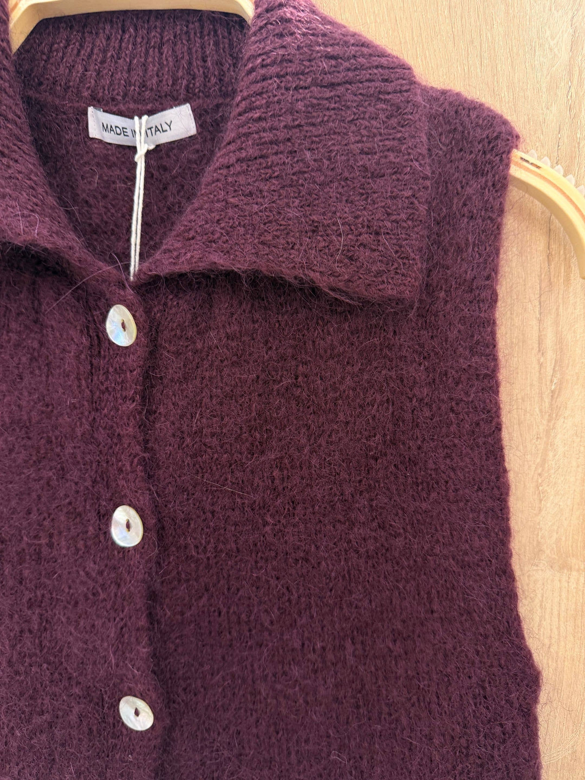 Gilet Sans Manches à Col Chemise en Kid Mohair & Laine - Prune